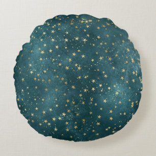 Green blue night sky teal gold star pattern  round pillow