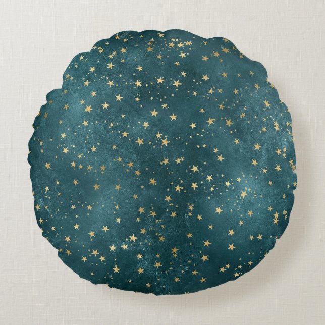 Green blue night sky teal gold star pattern  round pillow (Front)