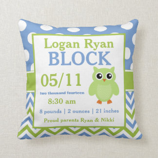 Green Blue Owl Baby Announcement Pillow