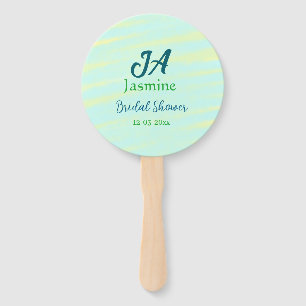 Green blue pastel watercolor bridal shower name da hand fan