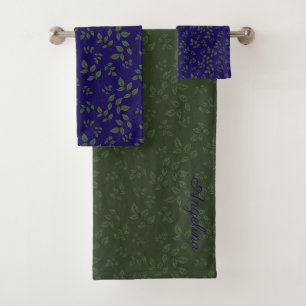 Green blue pattern leaves monogram bath towel set