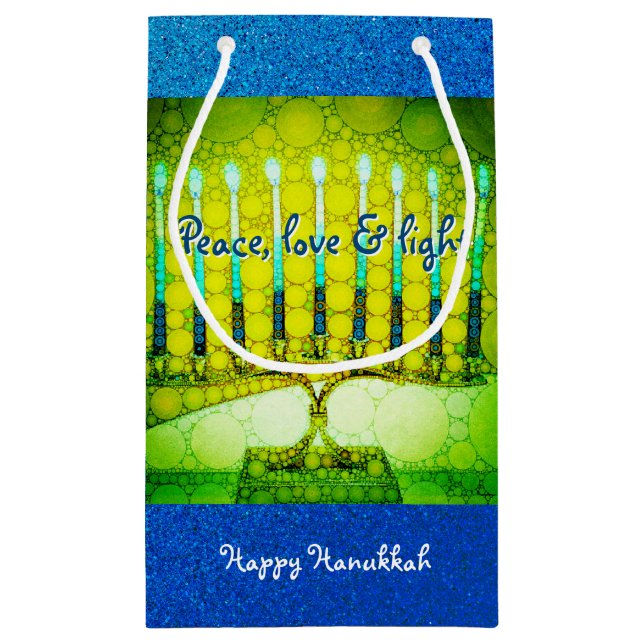 Green Blue Peace Love Light Hanukkah Menorah Bold Small Gift Bag (Back)