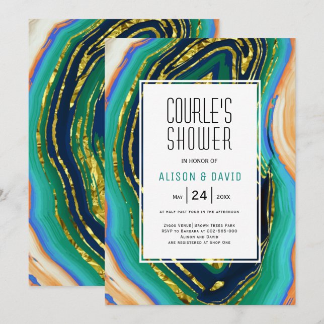 Green, blue, peach agate, gold foil couples shower invitation (Front/Back)