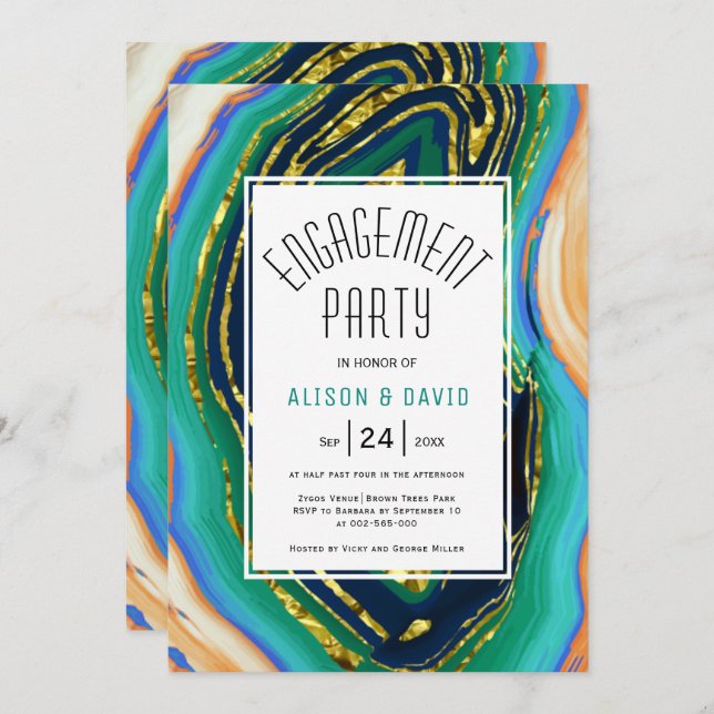 Green blue peach agate, gold foil engagement party invitation (Front/Back)