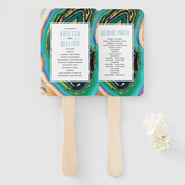 Green, blue, peach agate gold foil wedding program hand fan (Front and Back)