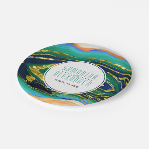 Green, blue, peach  gold foil agate, frame wedding paper plate