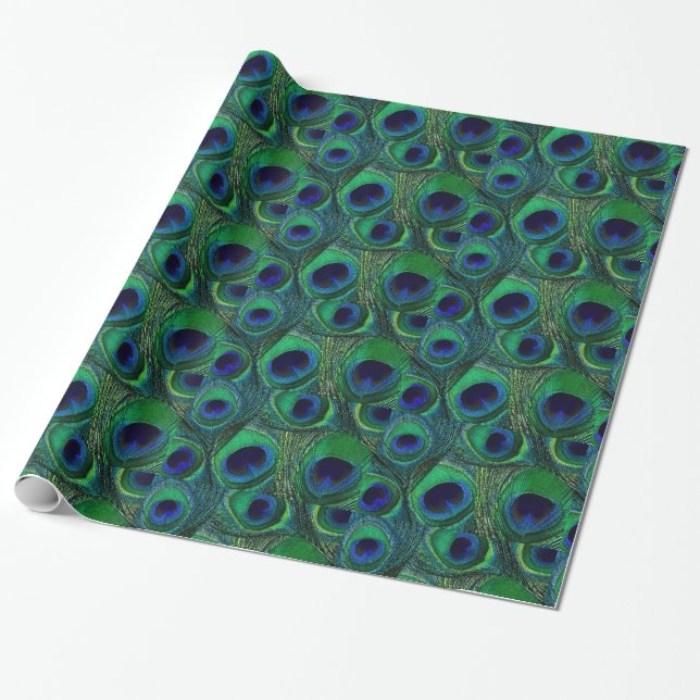 Green & Blue Peacock Feather Gift Wrapping Paper (Unrolled)