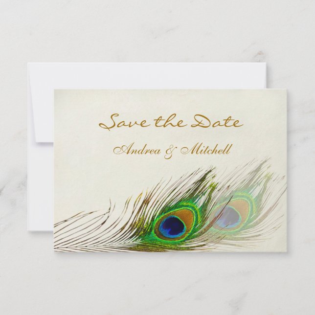 Green blue peacock feathers Save the date Invite (Front)