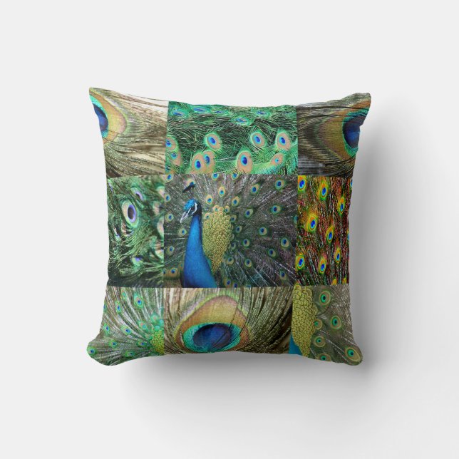 Green Blue Peacock photo collage Throw Pillow (Front)