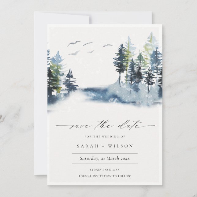Green Blue Pine Forest Birds Save The Date Invite (Front)