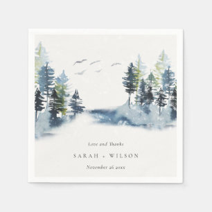 Green Blue Pine Woods Forest Birds Thanks Wedding Napkin