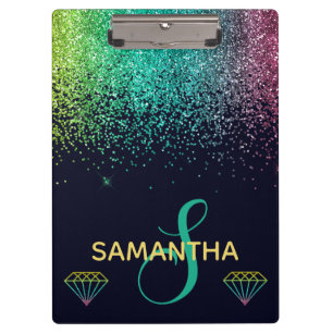 Green Blue Pink faux Glitter & Diamonds Monogram Clipboard