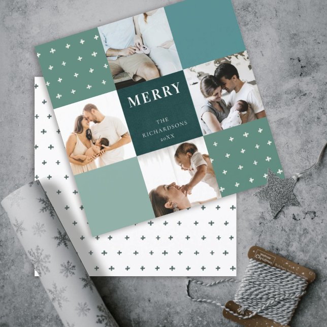 Green Blue Plaid 4 Photo Cross Merry Christmas Holiday Card (Creator Uploaded)