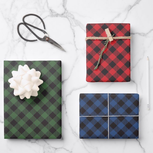 Green Blue Red Buffalo Plaid Chequered Wrapping Paper Sheet (Front)