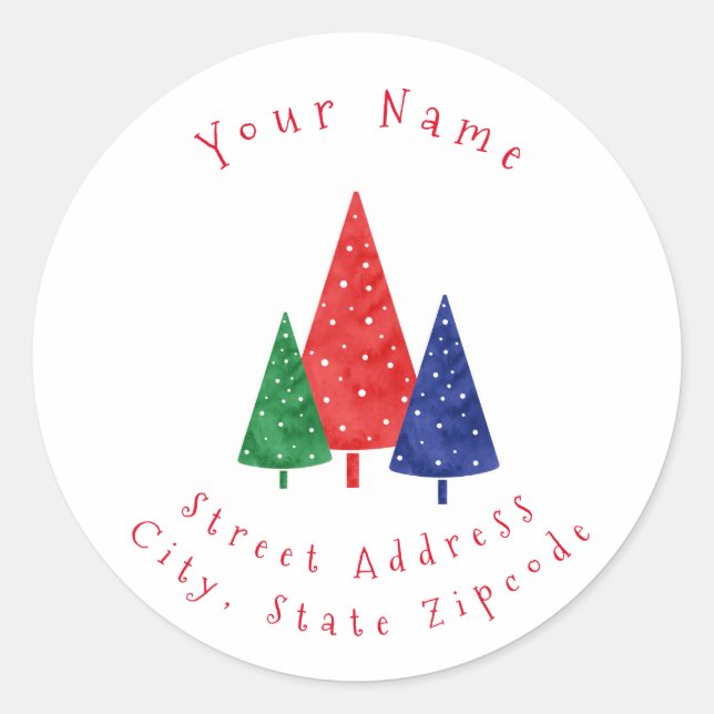 'Green, Blue, Red Watercolor Trees' Labels (Front)