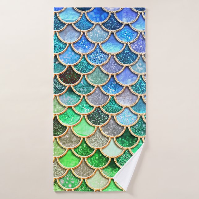 Green Blue Shiny Ombre Glitter Mermaid Scales Bath Towel Set (Bath Towel)