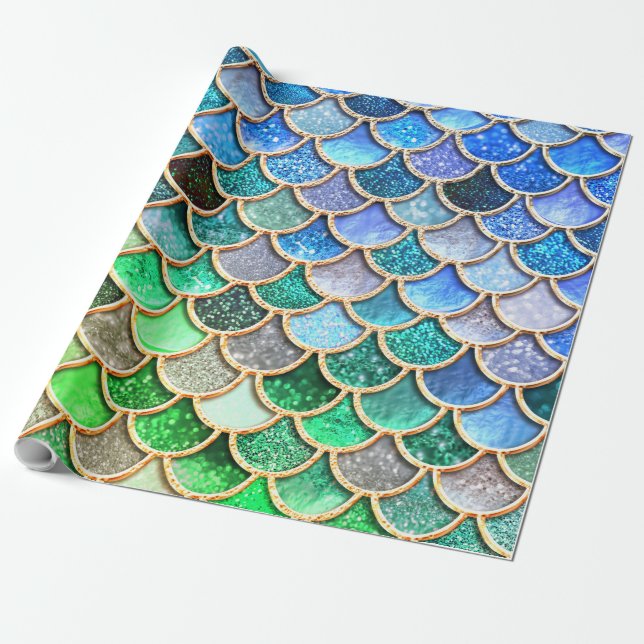 Green Blue Shiny Ombre Glitter Mermaid Scales Wrapping Paper (Unrolled)
