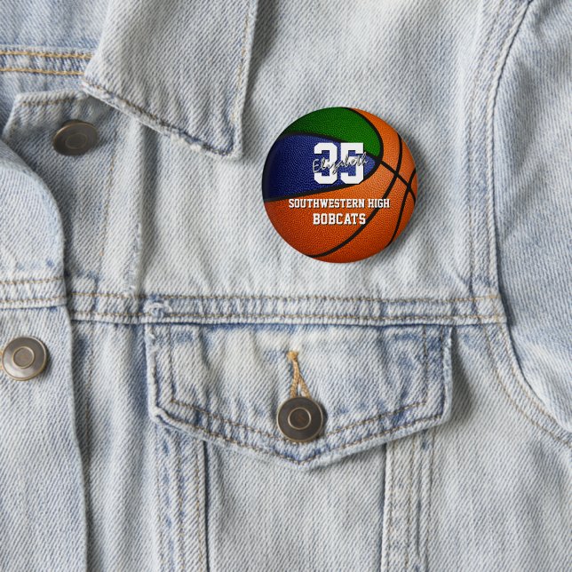 green blue sports team colours gifts basketball 2 inch round button (In Situ)