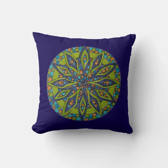 Green/Blue Starburst Mandala Throw Pillow (Front)