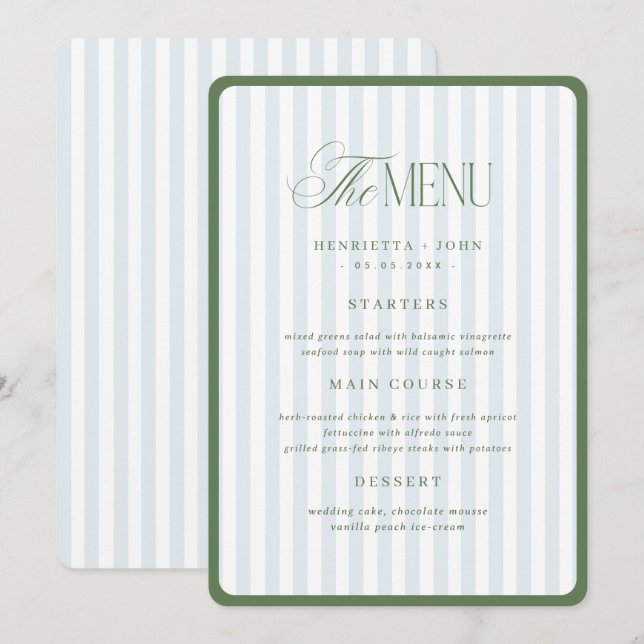Green & Blue Stripes Border Wedding Menu Card (Front/Back)