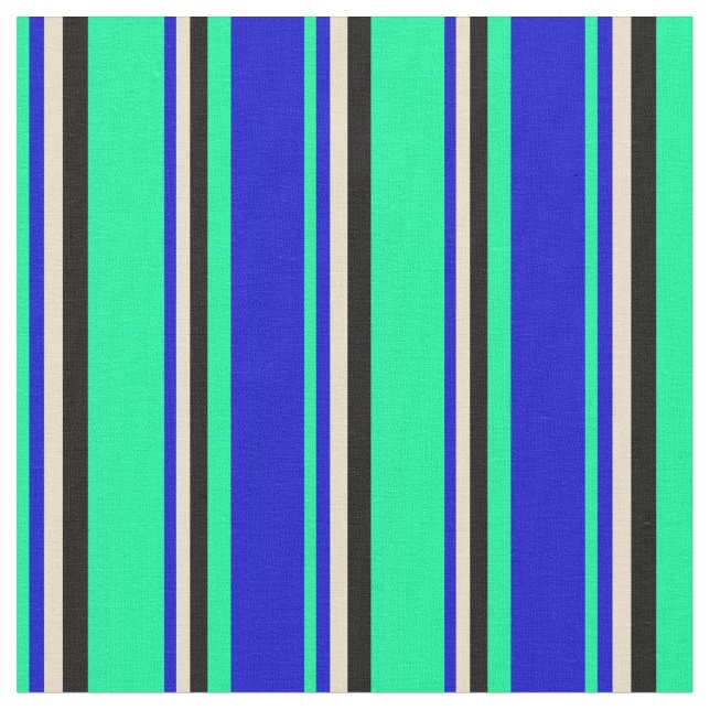 Green, Blue, Tan, and Black Coloured Lined Pattern Fabric (Close Up)
