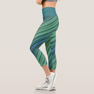 Green Blue Teal Cool Stripes Abstract Psychedelic Capri Leggings