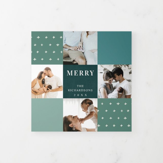 Green Blue Teal Plaid 7 Photo Merry Christmas Tri-Fold Holiday Card (Cover)