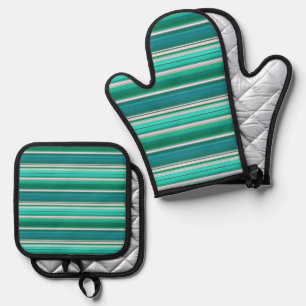 Green Blue Teal Stripes Design Oven Mitt & Pot Holder Set
