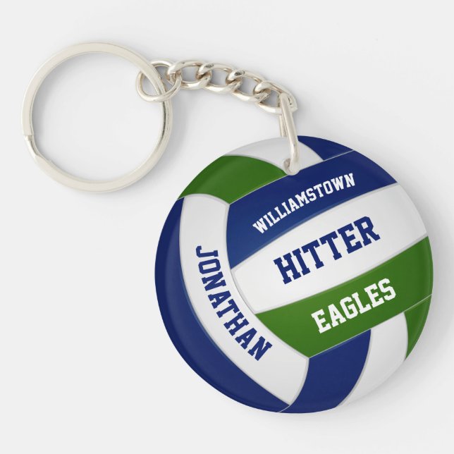 Green blue team colours personalized volleyball keychain (Front)