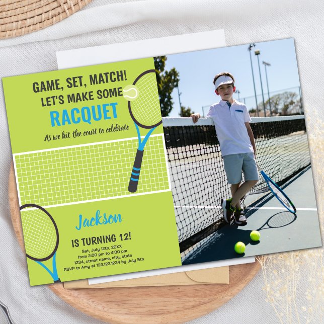 Green Blue Tennis Anniversaire Invitations avec ph (Green Blue Tennis Birthday Invitations w photo)