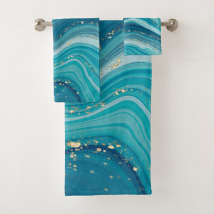 Green & Blue Tones Marble Bath Towel Set