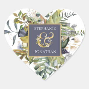 Green & Blue Tropical Greenery with Gold Ampersand Heart Sticker