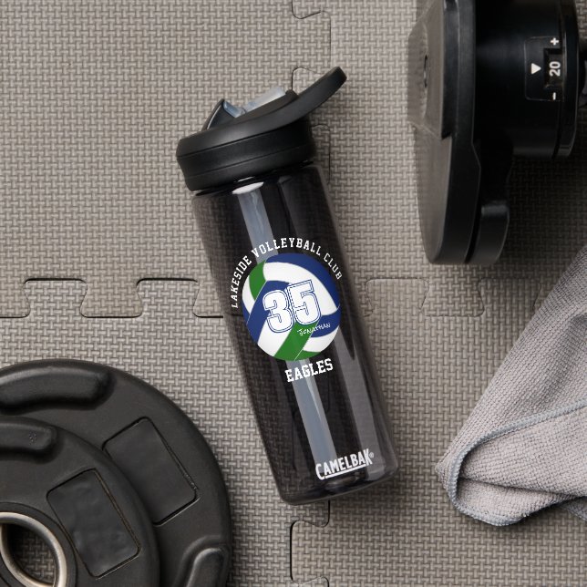 green blue volleyball team colours athlete name water bottle (Gym)