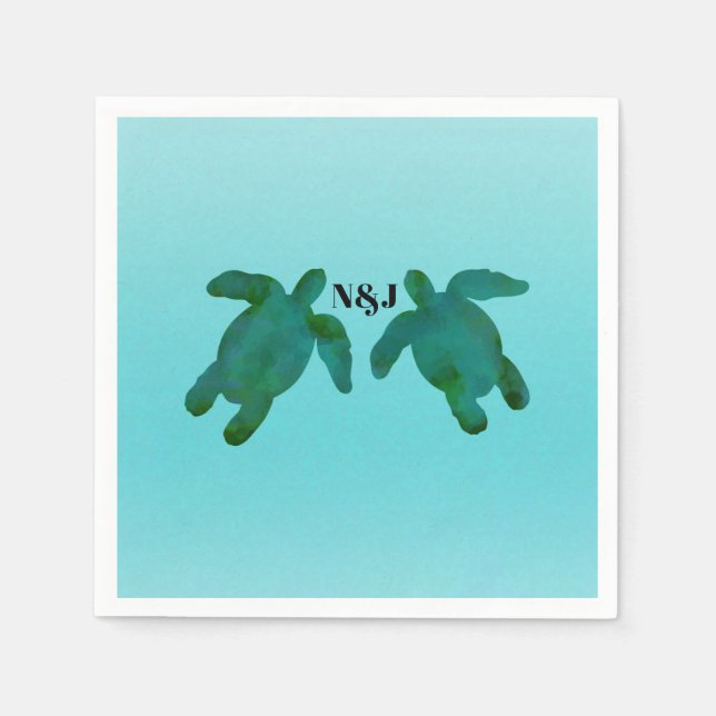 Green Blue Watercolor 2 Ocean Sea Turtles Wedding Napkin (Front)