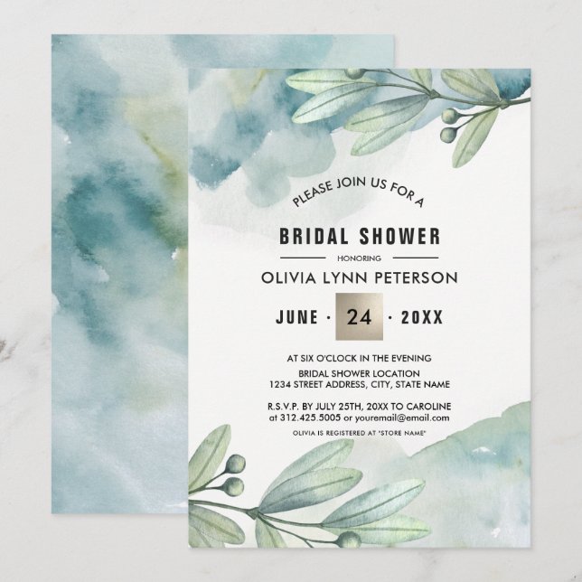 Green Blue Watercolor Berry Branch Bridal Shower Invitation (Front/Back)