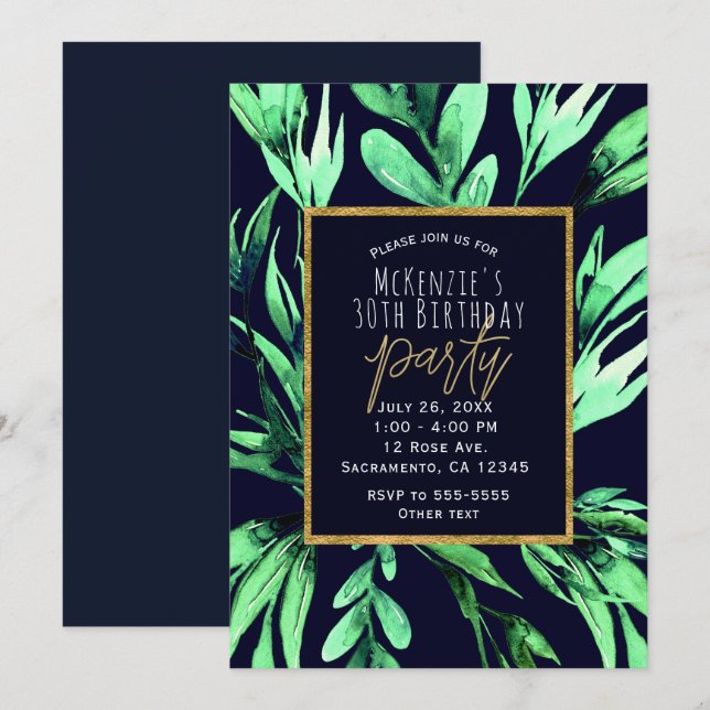 Green Blue Watercolor Botanical Glam Party Invitation (Front/Back)