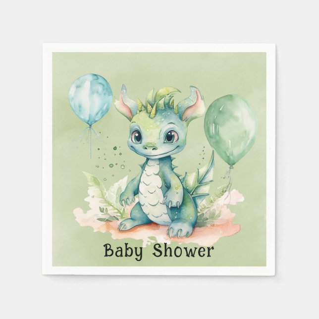 Green Blue Watercolor Dragon Boy Baby Shower Napkin (Front)