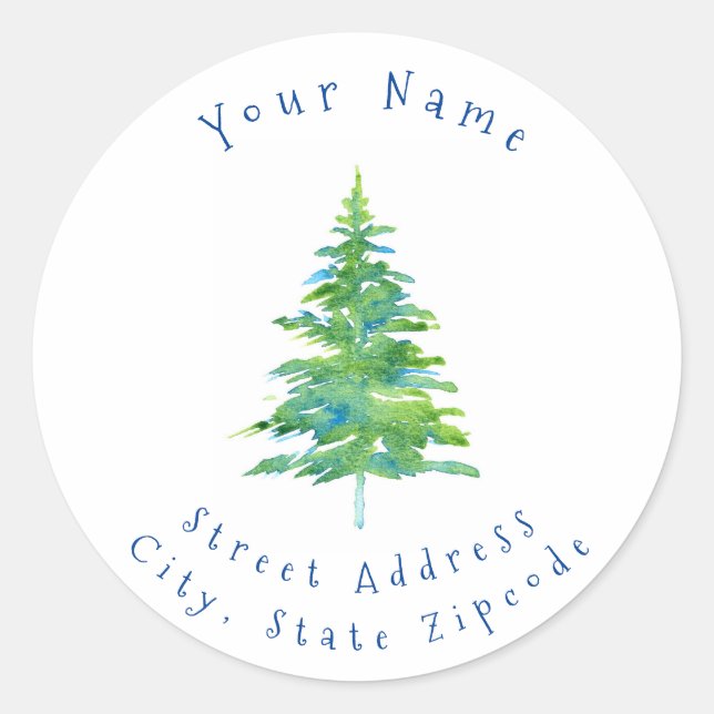 'Green Blue Watercolor Pine Tree' Labels (Front)