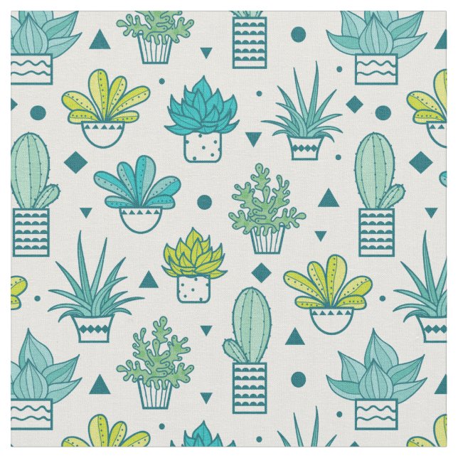 Green & Blue Watercolor Succulent Pattern Fabric (Close Up)