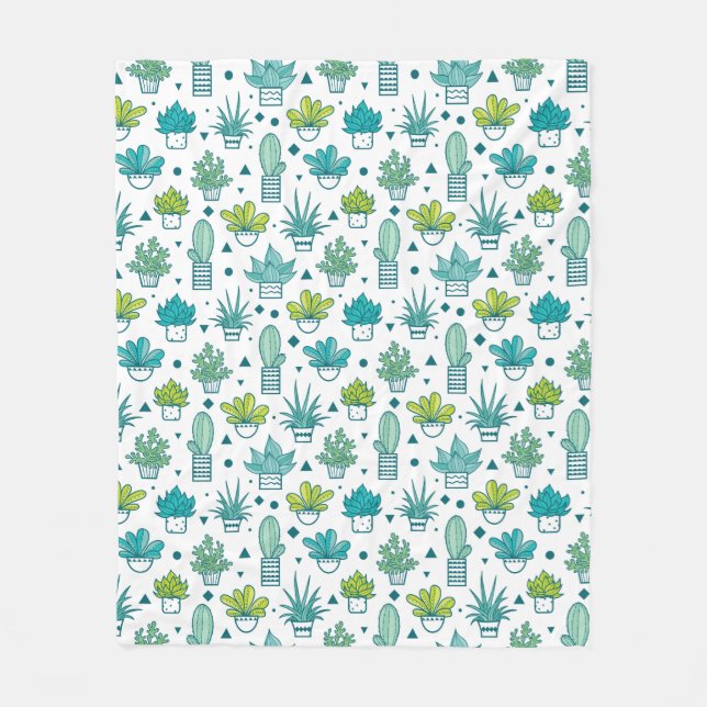 Green & Blue Watercolor Succulent Pattern Fleece Blanket (Front)