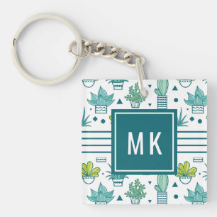 Green & Blue Watercolor Succulent Pattern Keychain