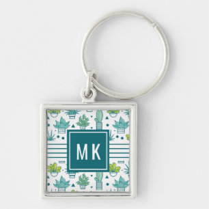 Green & Blue Watercolor Succulent Pattern Keychain