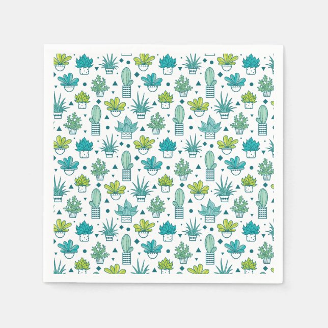 Green & Blue Watercolor Succulent Pattern Napkin (Front)