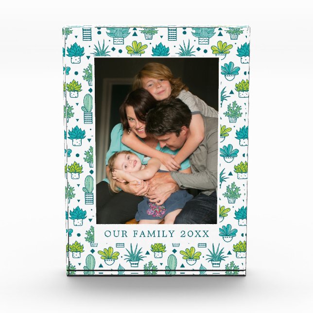 Green & Blue Watercolor Succulent Pattern Photo Block (Front)