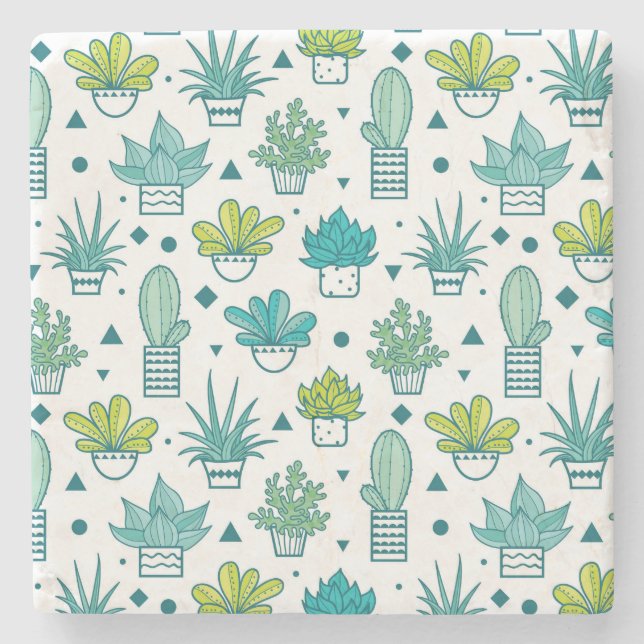 Green & Blue Watercolor Succulent Pattern Stone Coaster (Front)