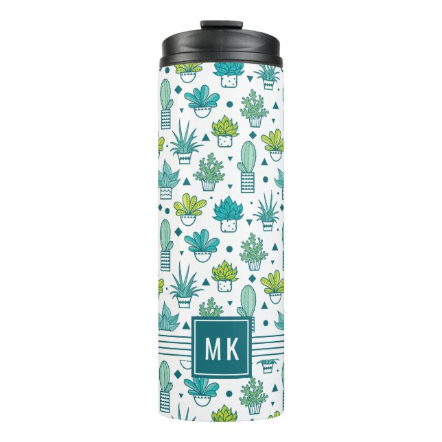 Green & Blue Watercolor Succulent Pattern Thermal Tumbler (Front)