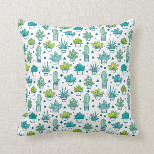 Green & Blue Watercolor Succulent Pattern Throw Pillow