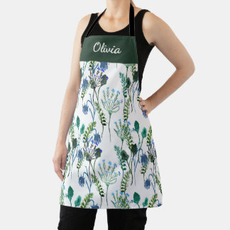 Green Blue Watercolor Wildflower Custom Name Apron