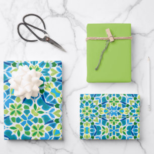Green, Blue & White Pattern Wrapping Paper Sheet