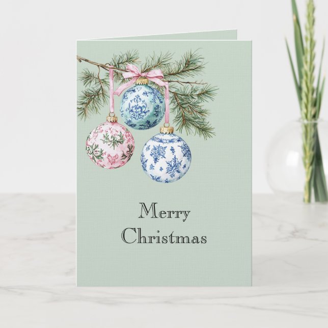 Green Blue White Pink Christmas Tree Ornaments Card (Front)